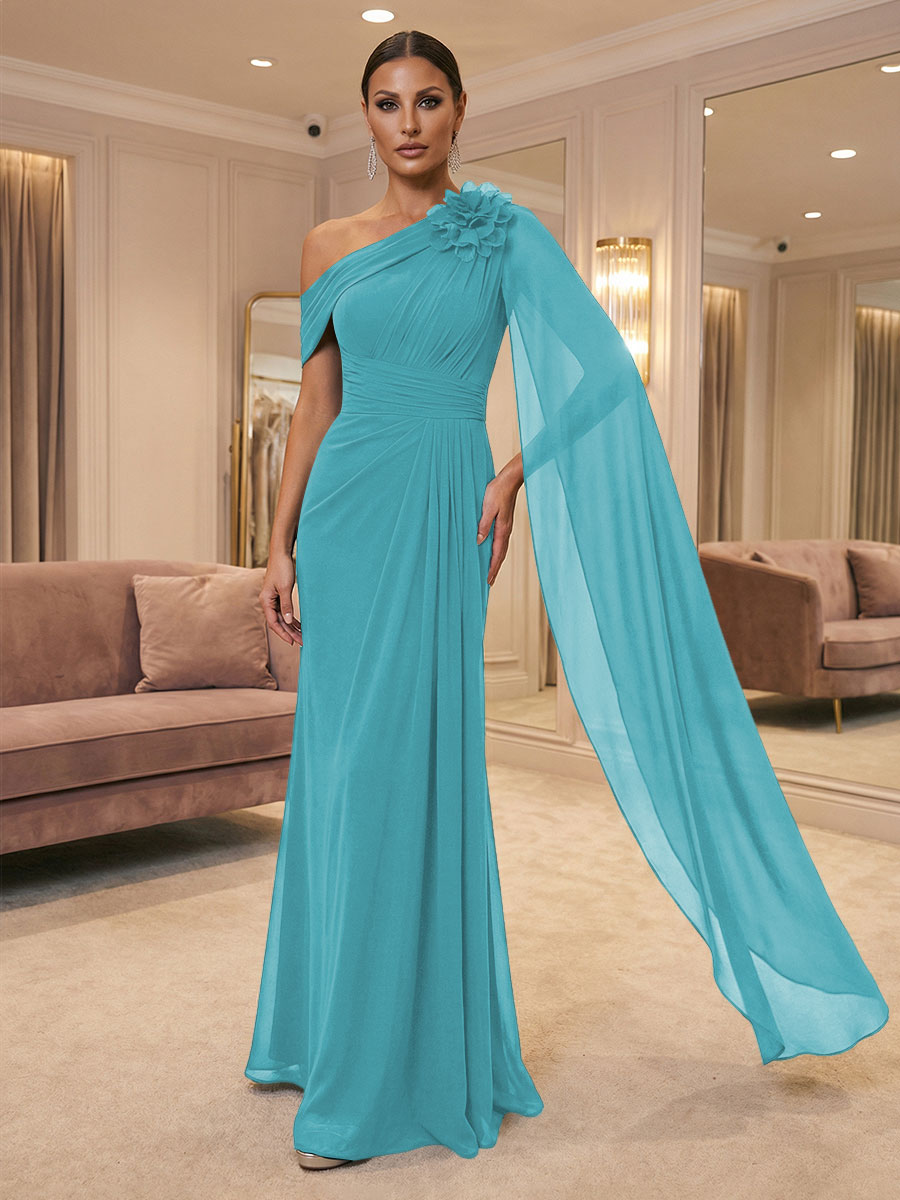 A-Line Off Shoulder Chiffon Cape Sleeves Maxi Mother of the Bride & Groom Dresses with Ruched Waist & 3D Floral Applique (SHI22500434)