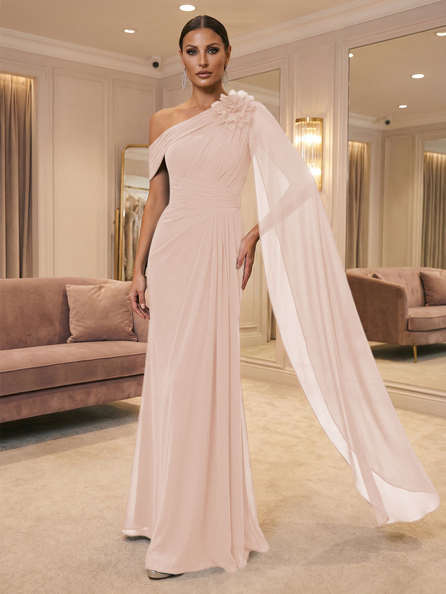 A-Line Off Shoulder Chiffon Cape Sleeves Maxi Mother of the Bride & Groom Dresses with Ruched Waist & 3D Floral Applique (SHI22500434)