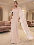 A-Line Off Shoulder Chiffon Cape Sleeves Maxi Mother of the Bride & Groom Dresses with Ruched Waist & 3D Floral Applique (SHI22500434)
