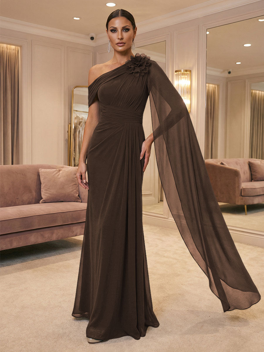 A-Line Off Shoulder Chiffon Cape Sleeves Maxi Mother of the Bride & Groom Dresses with Ruched Waist & 3D Floral Applique (SHI22500434)
