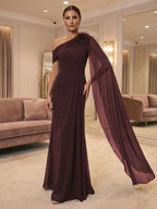 A-Line Off Shoulder Chiffon Cape Sleeves Maxi Mother of the Bride & Groom Dresses with Ruched Waist & 3D Floral Applique (SHI22500434)