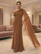 A-Line Off Shoulder Chiffon Cape Sleeves Maxi Mother of the Bride & Groom Dresses with Ruched Waist & 3D Floral Applique (SHI22500434)