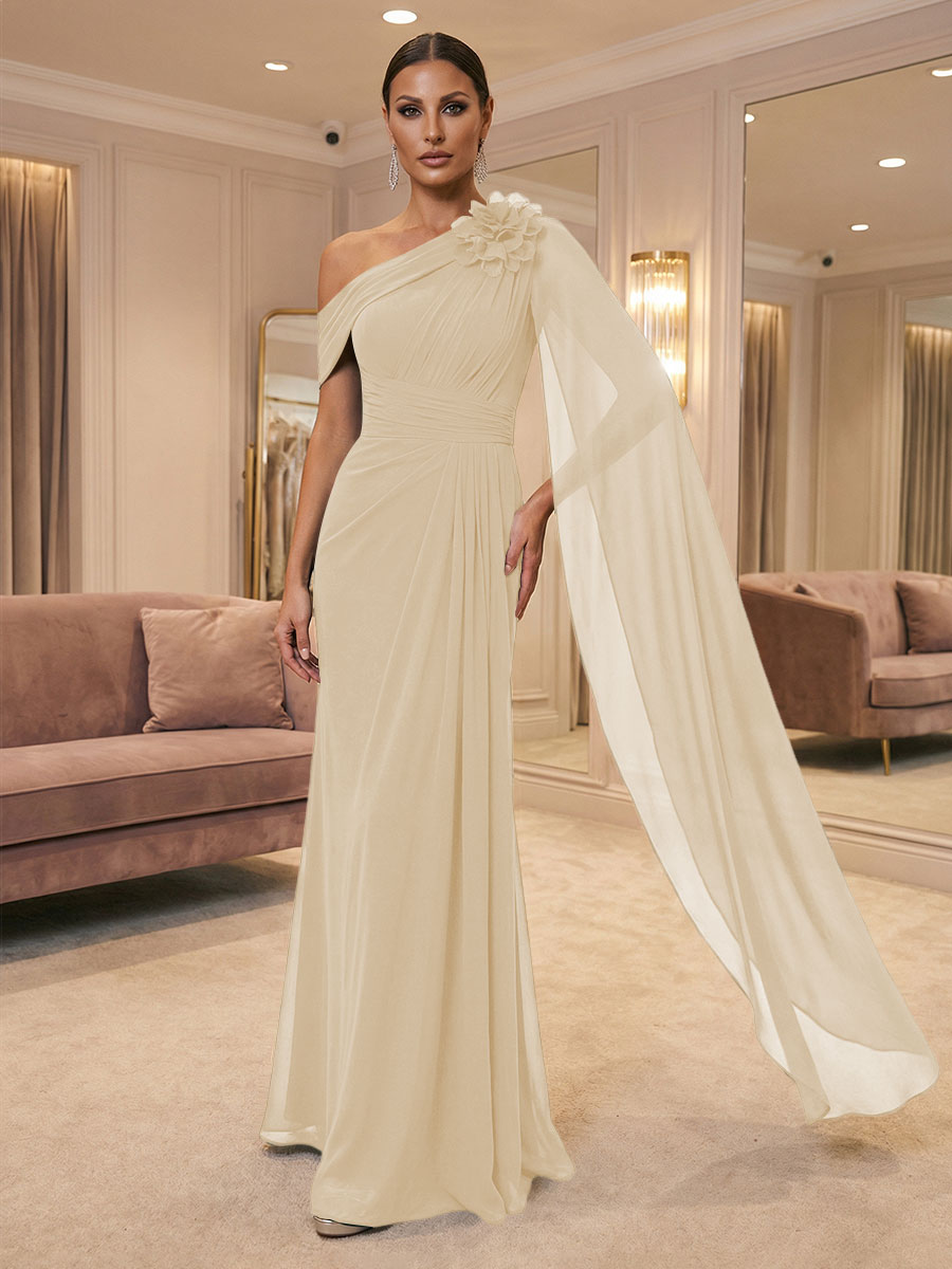 A-Line Off Shoulder Chiffon Cape Sleeves Maxi Mother of the Bride & Groom Dresses with Ruched Waist & 3D Floral Applique (SHI22500434)