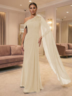 A-Line Off Shoulder Chiffon Cape Sleeves Maxi Mother of the Bride & Groom Dresses with Ruched Waist & 3D Floral Applique (SHI22500434)