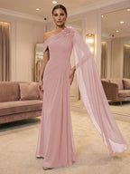A-Line Off Shoulder Chiffon Cape Sleeves Maxi Mother of the Bride & Groom Dresses with Ruched Waist & 3D Floral Applique (SHI22500434)