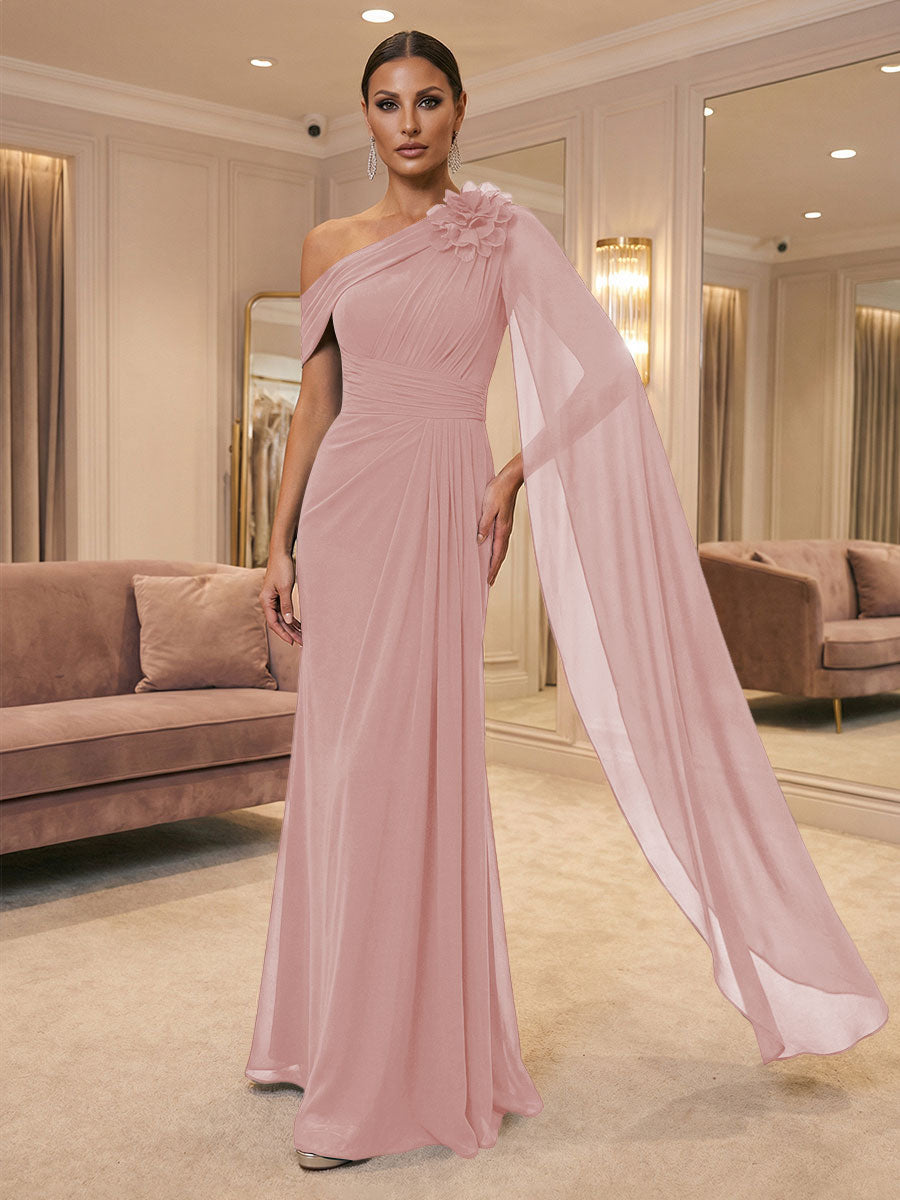 A-Line Off Shoulder Chiffon Cape Sleeves Maxi Mother of the Bride & Groom Dresses with Ruched Waist & 3D Floral Applique (SHI22500434)
