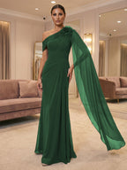 A-Line Off Shoulder Chiffon Cape Sleeves Maxi Mother of the Bride & Groom Dresses with Ruched Waist & 3D Floral Applique (SHI22500434)