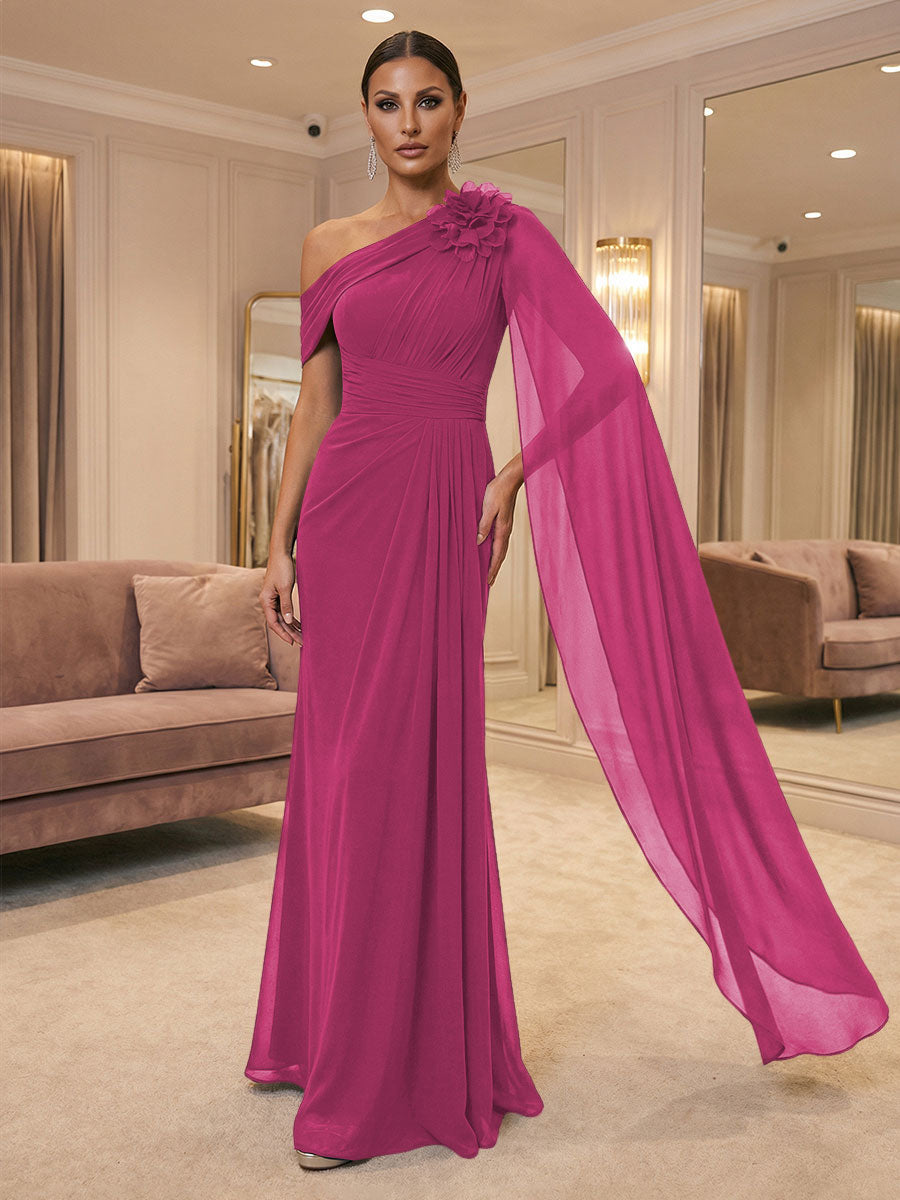 A-Line Off Shoulder Chiffon Cape Sleeves Maxi Mother of the Bride & Groom Dresses with Ruched Waist & 3D Floral Applique (SHI22500434)