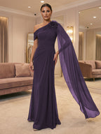 A-Line Off Shoulder Chiffon Cape Sleeves Maxi Mother of the Bride & Groom Dresses with Ruched Waist & 3D Floral Applique (SHI22500434)