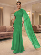 A-Line Off Shoulder Chiffon Cape Sleeves Maxi Mother of the Bride & Groom Dresses with Ruched Waist & 3D Floral Applique (SHI22500434)