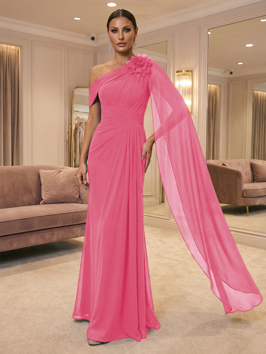 A-Line Off Shoulder Chiffon Cape Sleeves Maxi Mother of the Bride & Groom Dresses with Ruched Waist & 3D Floral Applique (SHI22500434)