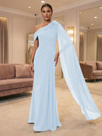 A-Line Off Shoulder Chiffon Cape Sleeves Maxi Mother of the Bride & Groom Dresses with Ruched Waist & 3D Floral Applique (SHI22500434)