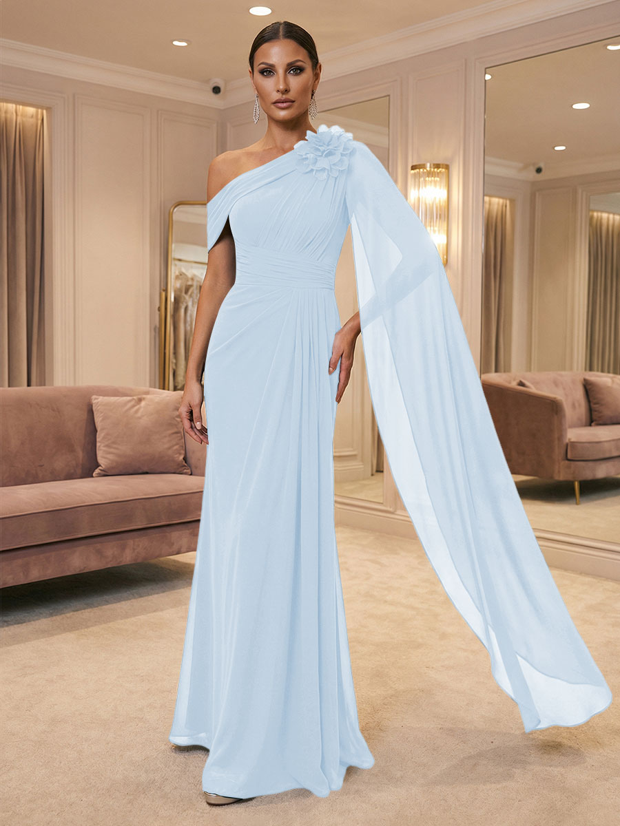 A-Line Off Shoulder Chiffon Cape Sleeves Maxi Mother of the Bride & Groom Dresses with Ruched Waist & 3D Floral Applique (SHI22500434)