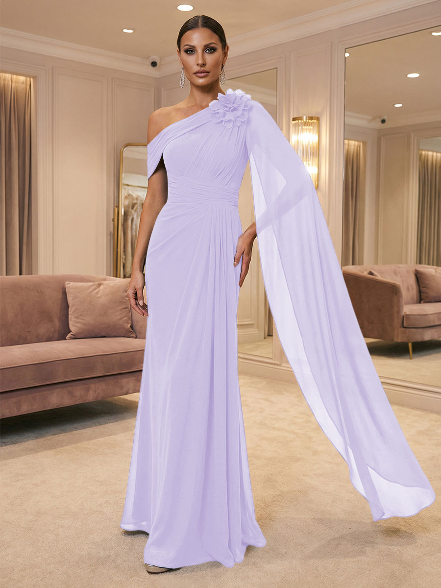 A-Line Off Shoulder Chiffon Cape Sleeves Maxi Mother of the Bride & Groom Dresses with Ruched Waist & 3D Floral Applique (SHI22500434)