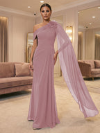 A-Line Off Shoulder Chiffon Cape Sleeves Maxi Mother of the Bride & Groom Dresses with Ruched Waist & 3D Floral Applique (SHI22500434)