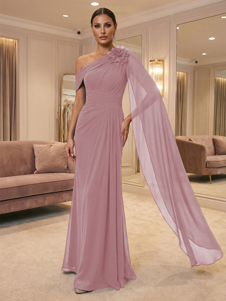 A-Line Off Shoulder Chiffon Cape Sleeves Maxi Mother of the Bride & Groom Dresses with Ruched Waist & 3D Floral Applique (SHI22500434)