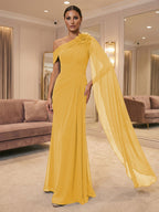 A-Line Off Shoulder Chiffon Cape Sleeves Maxi Mother of the Bride & Groom Dresses with Ruched Waist & 3D Floral Applique (SHI22500434)