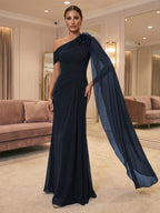 A-Line Off Shoulder Chiffon Cape Sleeves Maxi Mother of the Bride & Groom Dresses with Ruched Waist & 3D Floral Applique (SHI22500434)