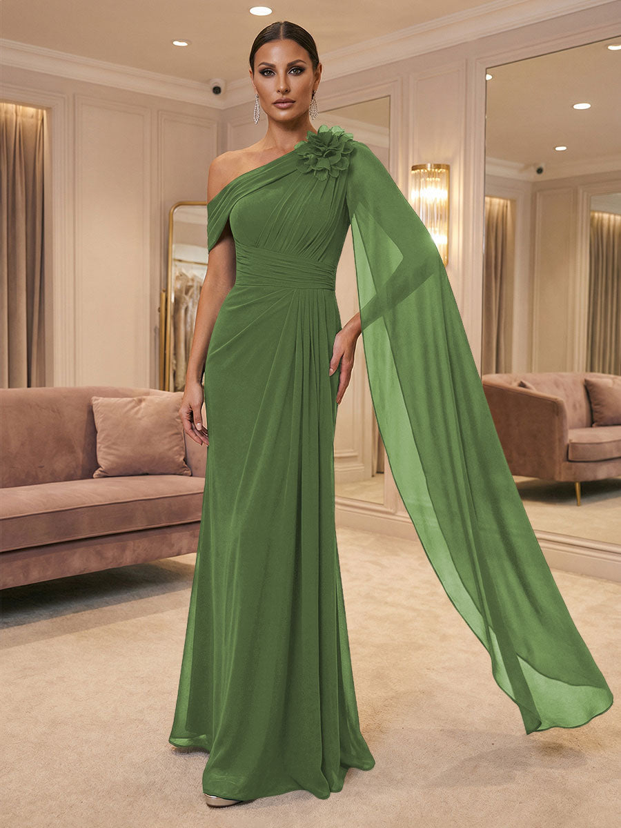 A-Line Off Shoulder Chiffon Cape Sleeves Maxi Mother of the Bride & Groom Dresses with Ruched Waist & 3D Floral Applique (SHI22500434)