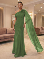 A-Line Off Shoulder Chiffon Cape Sleeves Maxi Mother of the Bride & Groom Dresses with Ruched Waist & 3D Floral Applique (SHI22500434)