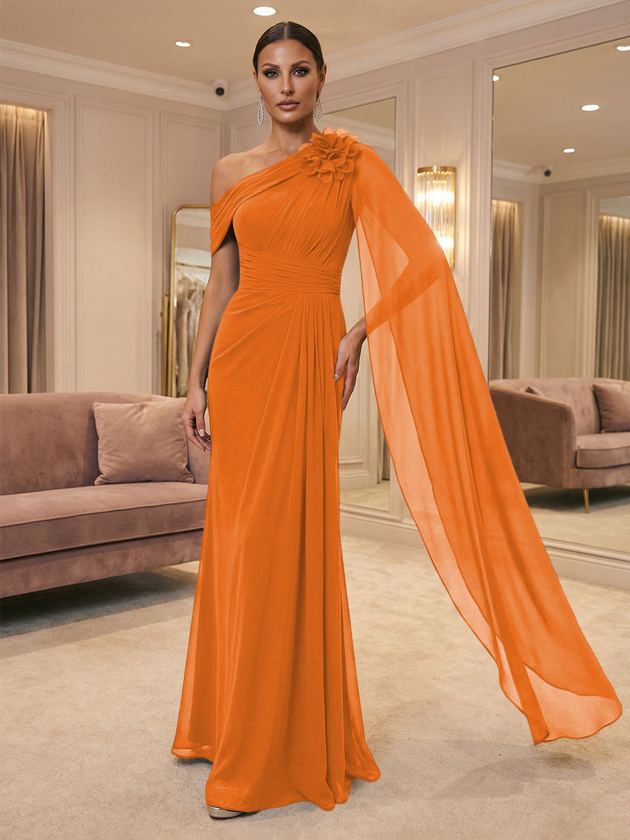 A-Line Off Shoulder Chiffon Cape Sleeves Maxi Mother of the Bride & Groom Dresses with Ruched Waist & 3D Floral Applique (SHI22500434)