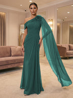 A-Line Off Shoulder Chiffon Cape Sleeves Maxi Mother of the Bride & Groom Dresses with Ruched Waist & 3D Floral Applique (SHI22500434)