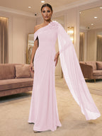A-Line Off Shoulder Chiffon Cape Sleeves Maxi Mother of the Bride & Groom Dresses with Ruched Waist & 3D Floral Applique (SHI22500434)