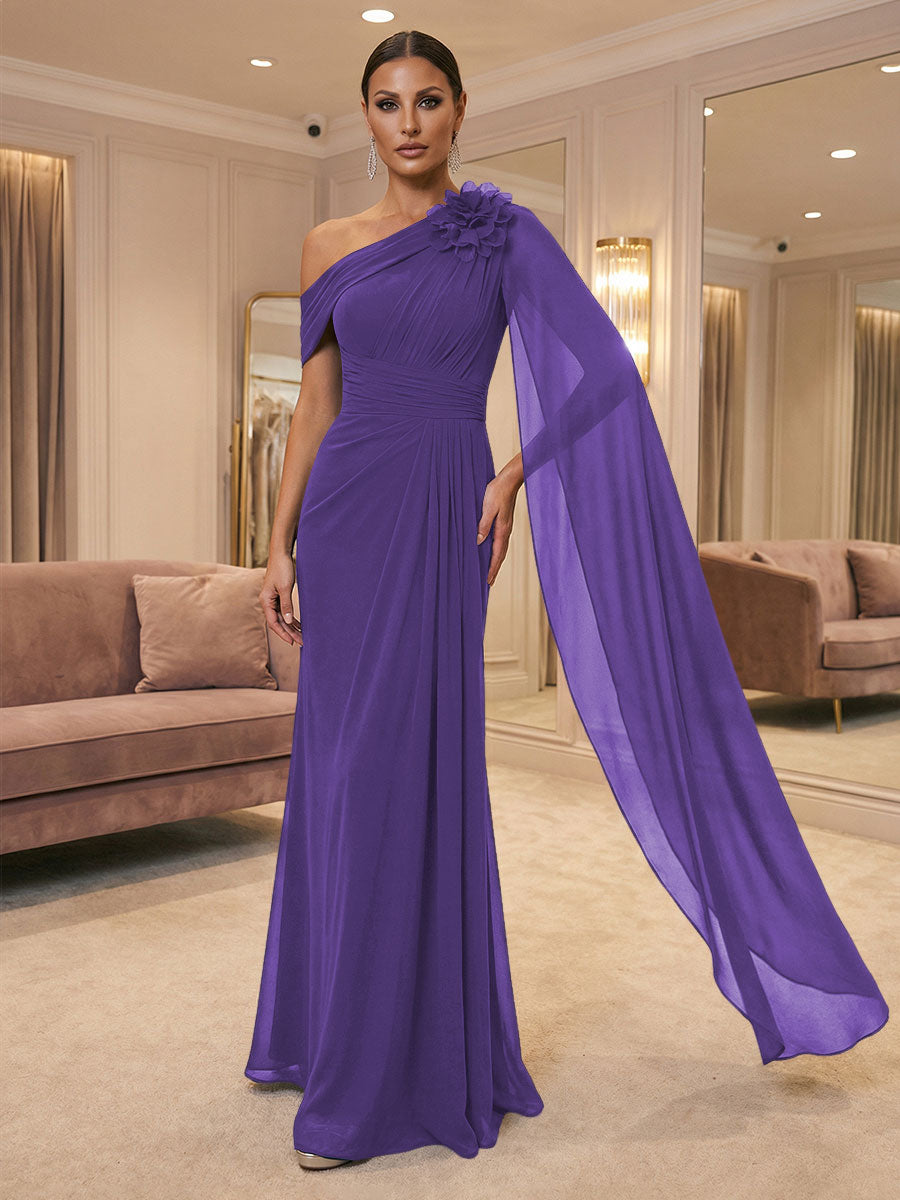 A-Line Off Shoulder Chiffon Cape Sleeves Maxi Mother of the Bride & Groom Dresses with Ruched Waist & 3D Floral Applique (SHI22500434)