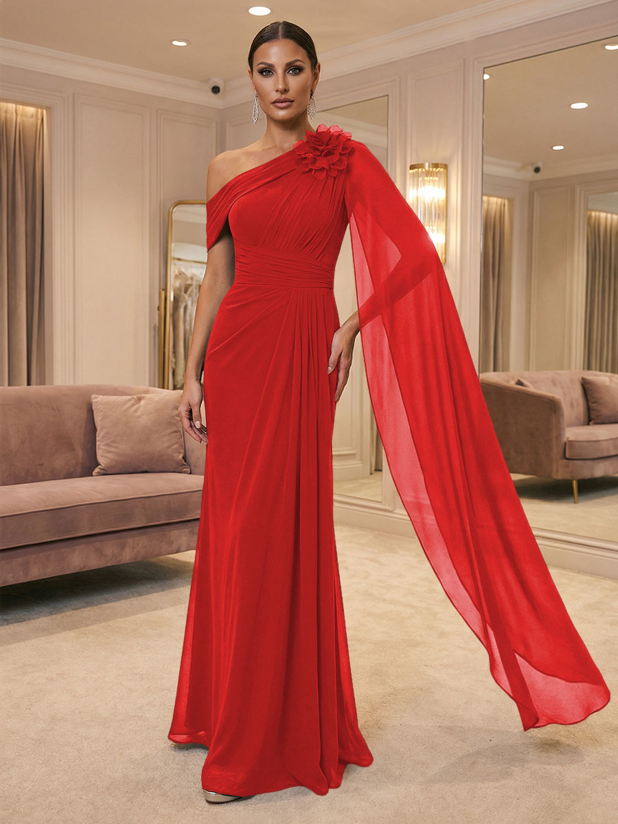 A-Line Off Shoulder Chiffon Cape Sleeves Maxi Mother of the Bride & Groom Dresses with Ruched Waist & 3D Floral Applique (SHI22500434)