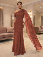 A-Line Off Shoulder Chiffon Cape Sleeves Maxi Mother of the Bride & Groom Dresses with Ruched Waist & 3D Floral Applique (SHI22500434)