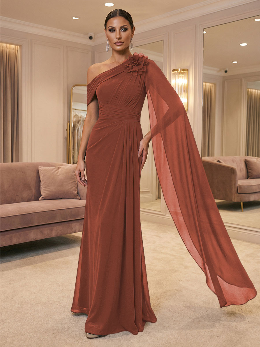 A-Line Off Shoulder Chiffon Cape Sleeves Maxi Mother of the Bride & Groom Dresses with Ruched Waist & 3D Floral Applique (SHI22500434)