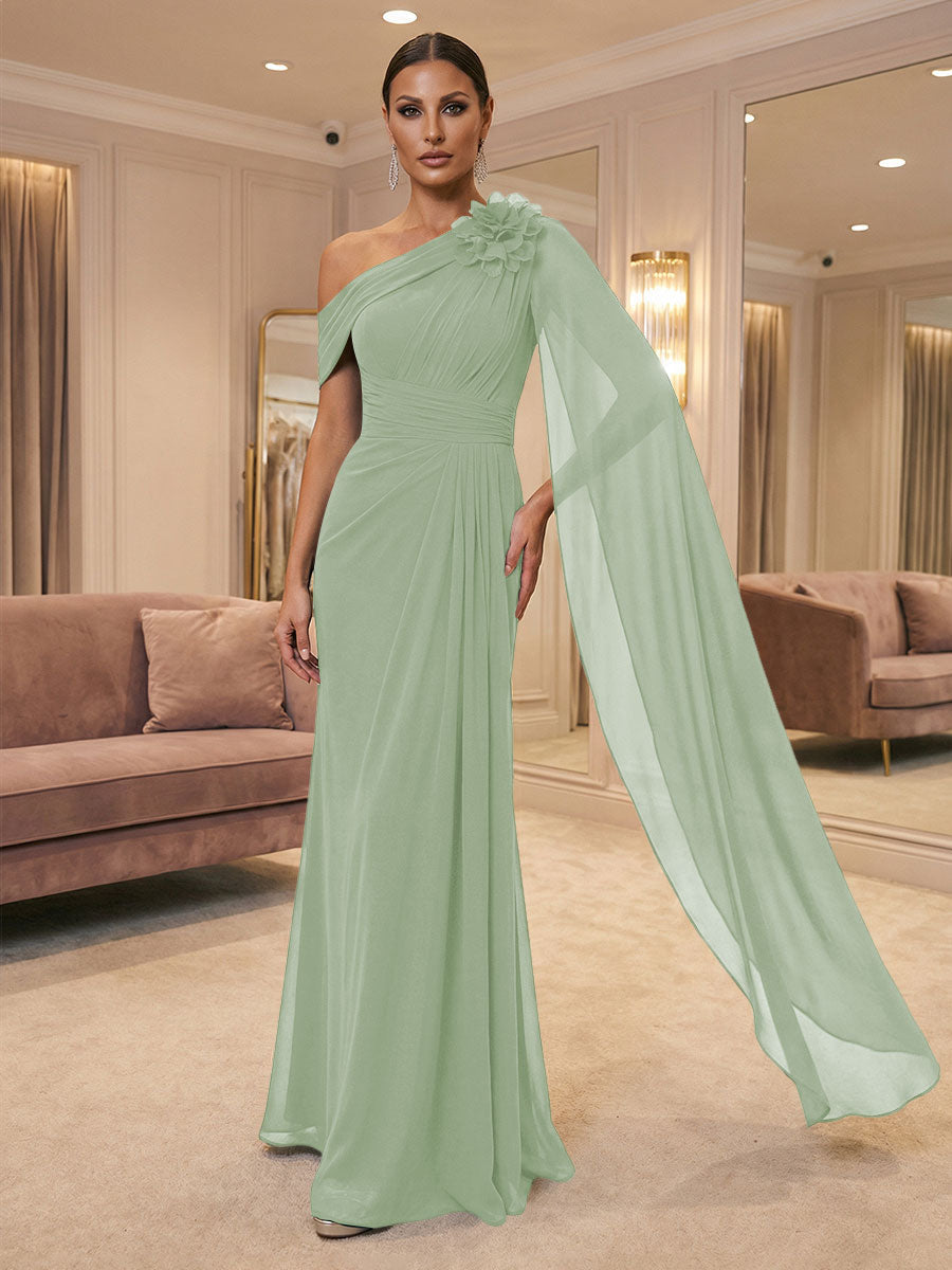 A-Line Off Shoulder Chiffon Cape Sleeves Maxi Mother of the Bride & Groom Dresses with Ruched Waist & 3D Floral Applique (SHI22500434)