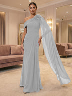 A-Line Off Shoulder Chiffon Cape Sleeves Maxi Mother of the Bride & Groom Dresses with Ruched Waist & 3D Floral Applique (SHI22500434)