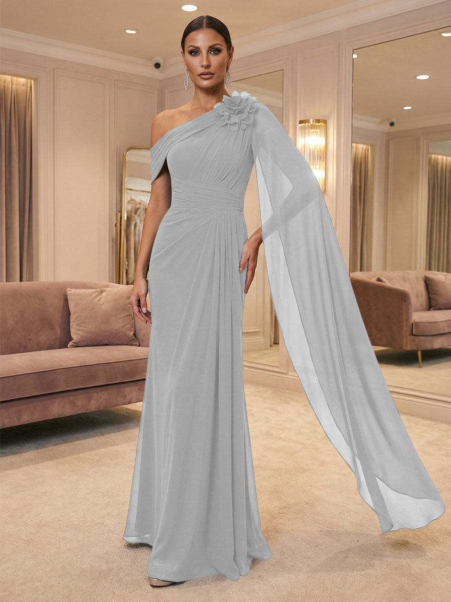 A-Line Off Shoulder Chiffon Cape Sleeves Maxi Mother of the Bride & Groom Dresses with Ruched Waist & 3D Floral Applique (SHI22500434)