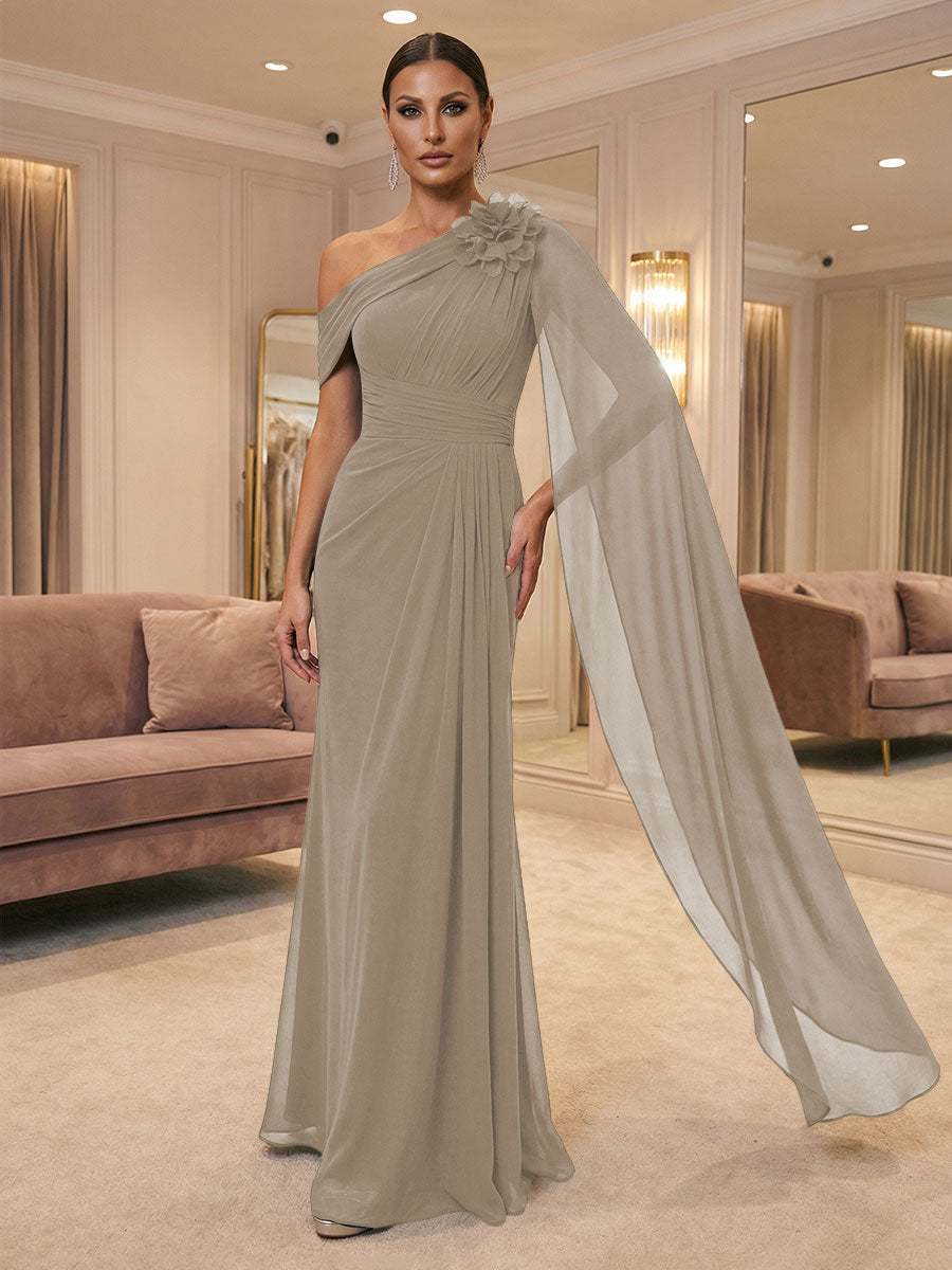A-Line Off Shoulder Chiffon Cape Sleeves Maxi Mother of the Bride & Groom Dresses with Ruched Waist & 3D Floral Applique (SHI22500434)
