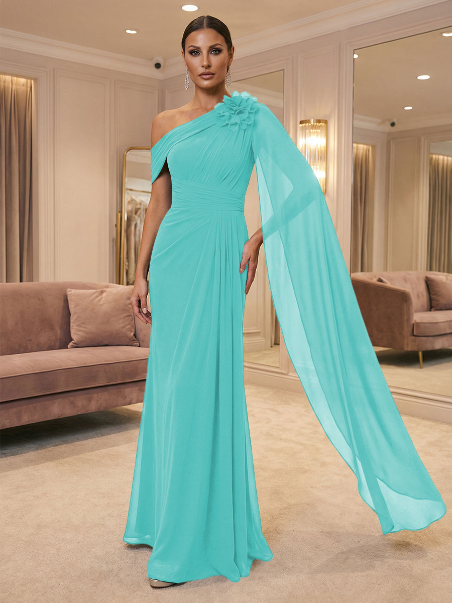 A-Line Off Shoulder Chiffon Cape Sleeves Maxi Mother of the Bride & Groom Dresses with Ruched Waist & 3D Floral Applique (SHI22500434)