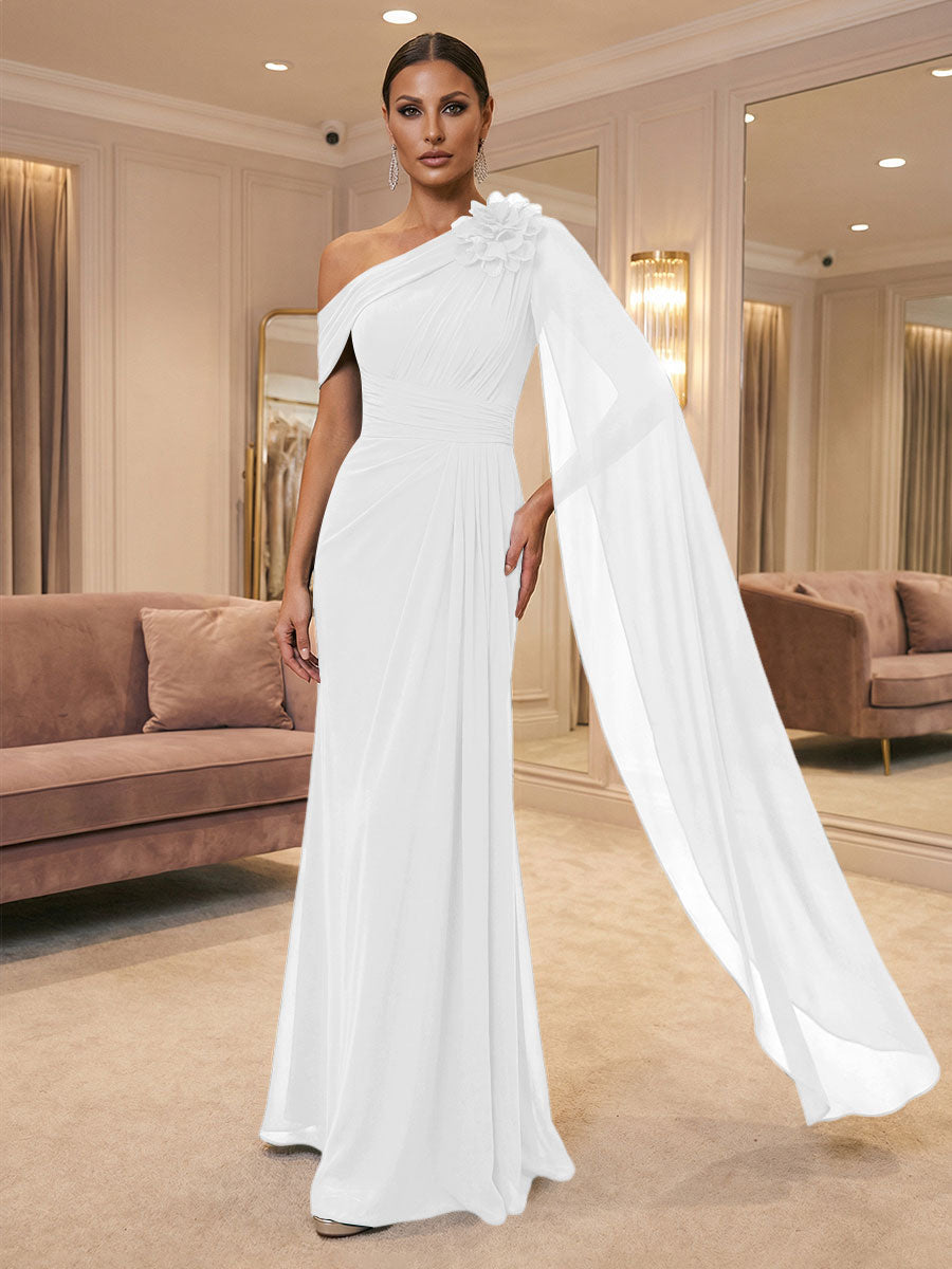 A-Line Off Shoulder Chiffon Cape Sleeves Maxi Mother of the Bride & Groom Dresses with Ruched Waist & 3D Floral Applique (SHI22500434)