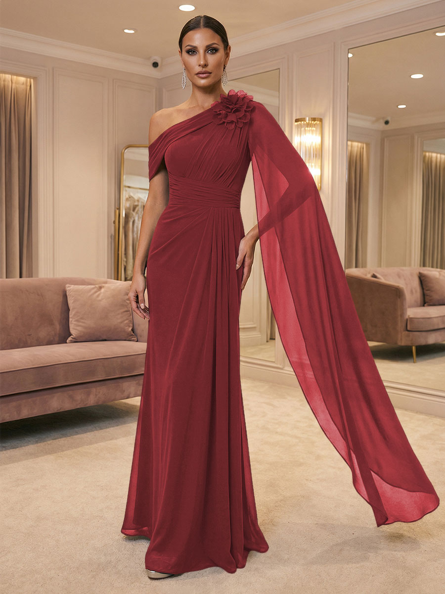 A-Line Off Shoulder Chiffon Cape Sleeves Maxi Mother of the Bride & Groom Dresses with Ruched Waist & 3D Floral Applique (SHI22500434)