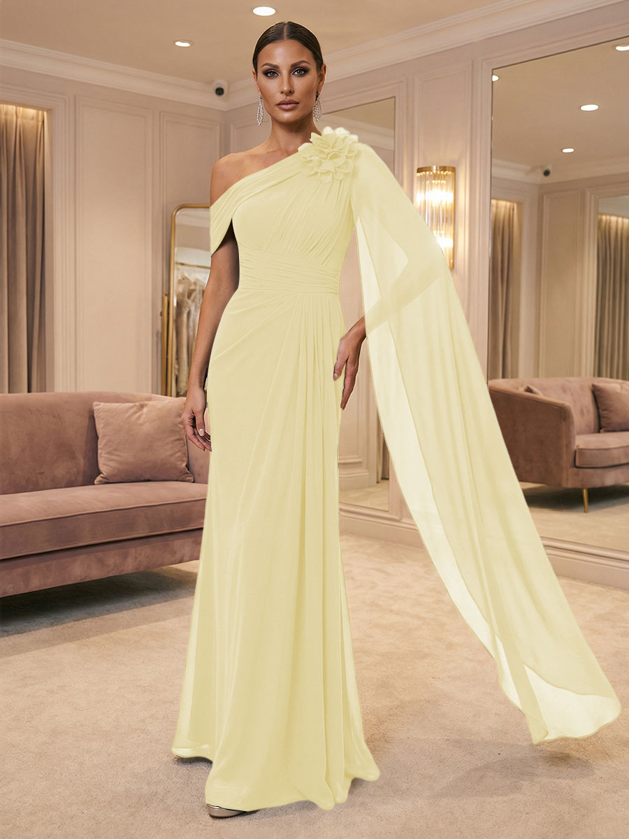 A-Line Off Shoulder Chiffon Cape Sleeves Maxi Mother of the Bride & Groom Dresses with Ruched Waist & 3D Floral Applique (SHI22500434)