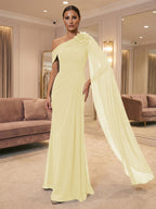 A-Line Off Shoulder Chiffon Cape Sleeves Maxi Mother of the Bride & Groom Dresses with Ruched Waist & 3D Floral Applique (SHI22500434)