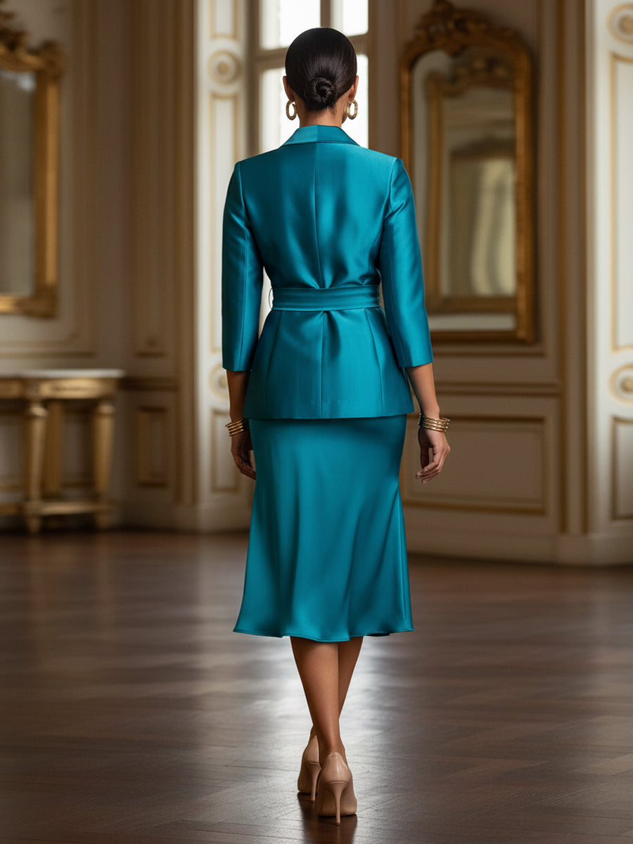 Two-Piece Satin Mother of the Bride & Groom Dresses Suit with 3/4 Sleeves Jacket & Sheath Midi-Length Dress (SHI22500470)