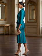 Two-Piece Satin Mother of the Bride & Groom Dresses Suit with 3/4 Sleeves Jacket & Sheath Midi-Length Dress (SHI22500470)