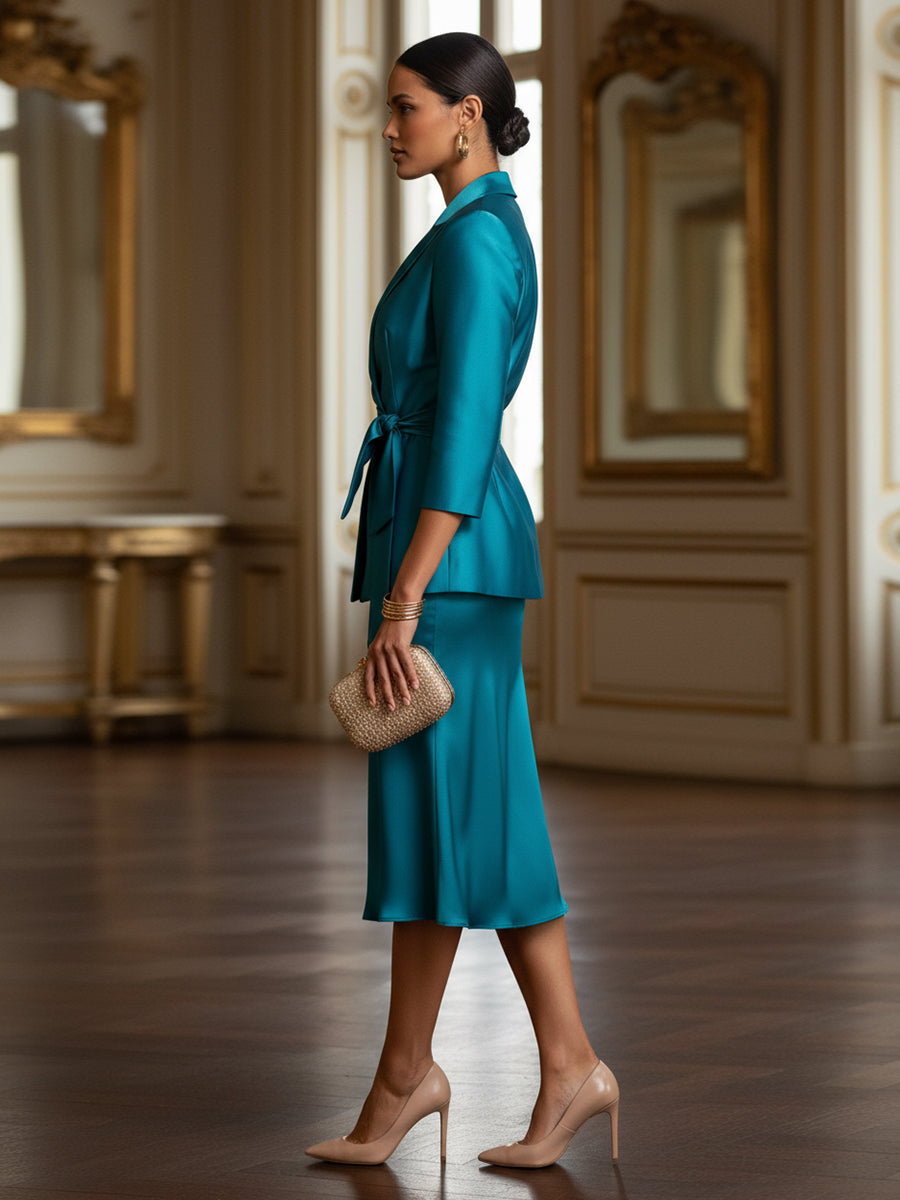 Two-Piece Satin Mother of the Bride & Groom Dresses Suit with 3/4 Sleeves Jacket & Sheath Midi-Length Dress (SHI22500470)