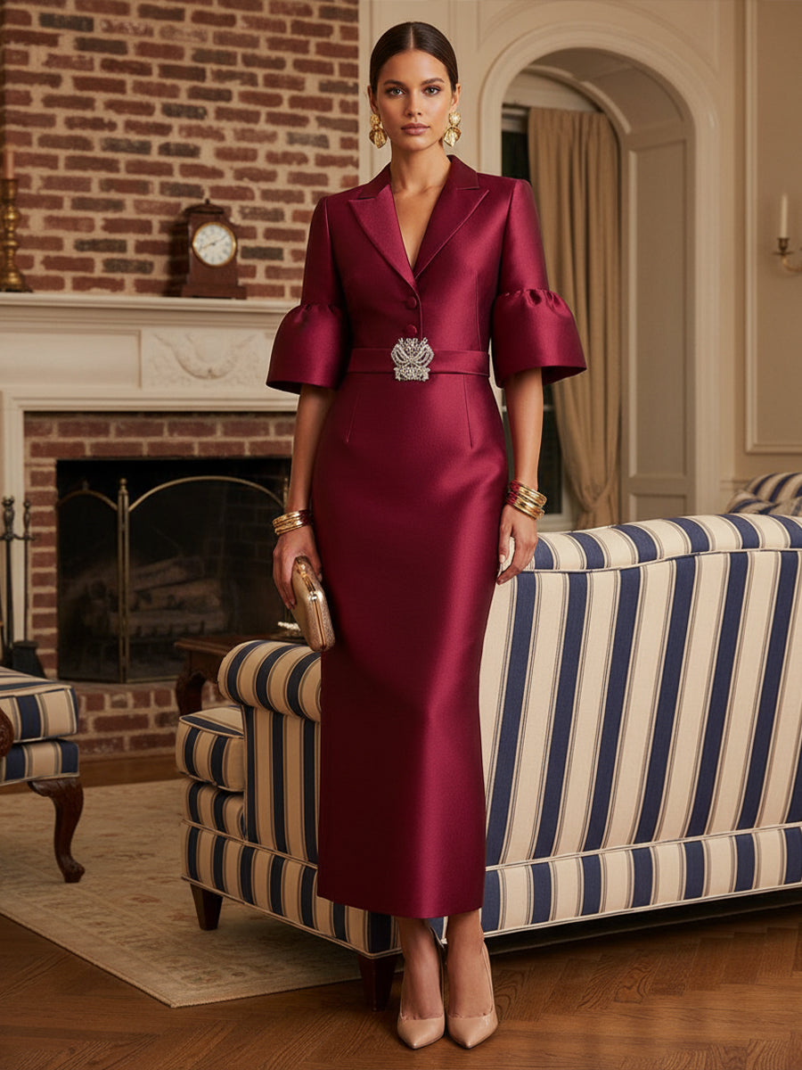 Sheath Satin Tea-Length Mother of the Bride & Groom Dresses with 3/4 Bell Sleeves & Crystal Embellished Belt (SHI22500471)
