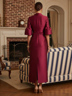 Sheath Satin Tea-Length Mother of the Bride & Groom Dresses with 3/4 Bell Sleeves & Crystal Embellished Belt (SHI22500471)
