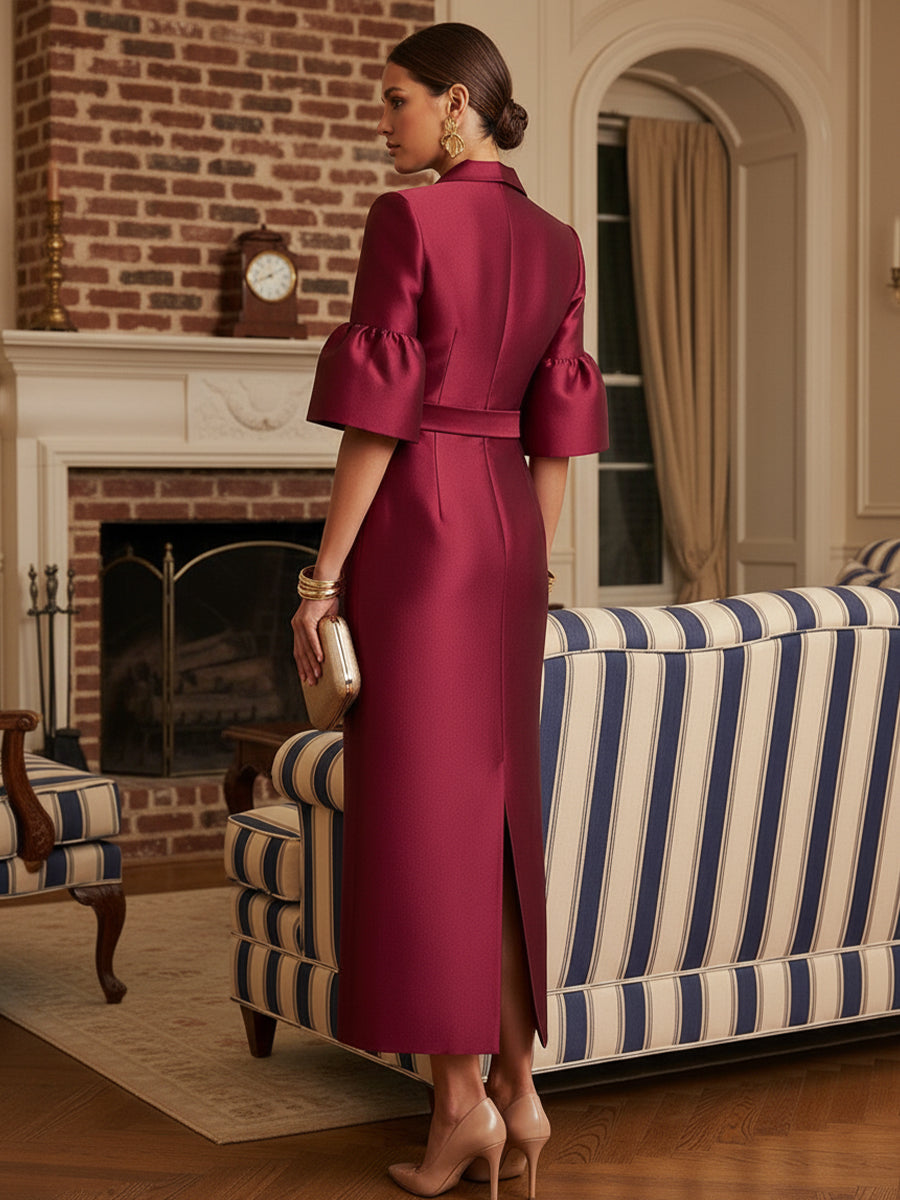 Sheath Satin Tea-Length Mother of the Bride & Groom Dresses with 3/4 Bell Sleeves & Crystal Embellished Belt (SHI22500471)