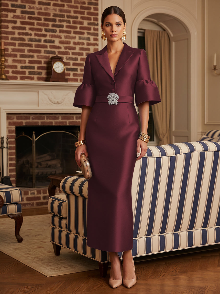 Sheath Satin Tea-Length Mother of the Bride & Groom Dresses with 3/4 Bell Sleeves & Crystal Embellished Belt (SHI22500471)