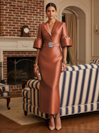 Sheath Satin Tea-Length Mother of the Bride & Groom Dresses with 3/4 Bell Sleeves & Crystal Embellished Belt (SHI22500471)