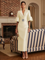 Sheath Satin Tea-Length Mother of the Bride & Groom Dresses with 3/4 Bell Sleeves & Crystal Embellished Belt (SHI22500471)