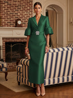 Sheath Satin Tea-Length Mother of the Bride & Groom Dresses with 3/4 Bell Sleeves & Crystal Embellished Belt (SHI22500471)